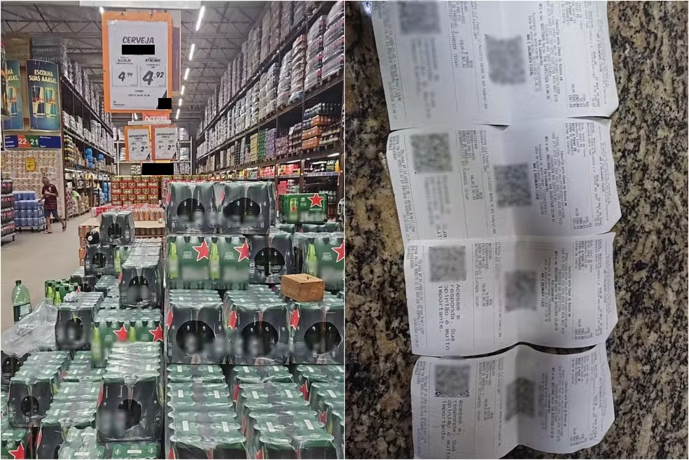 Promoções e comprovantes de venda de cervejas em supermercado na zona Oeste de Boa Vista