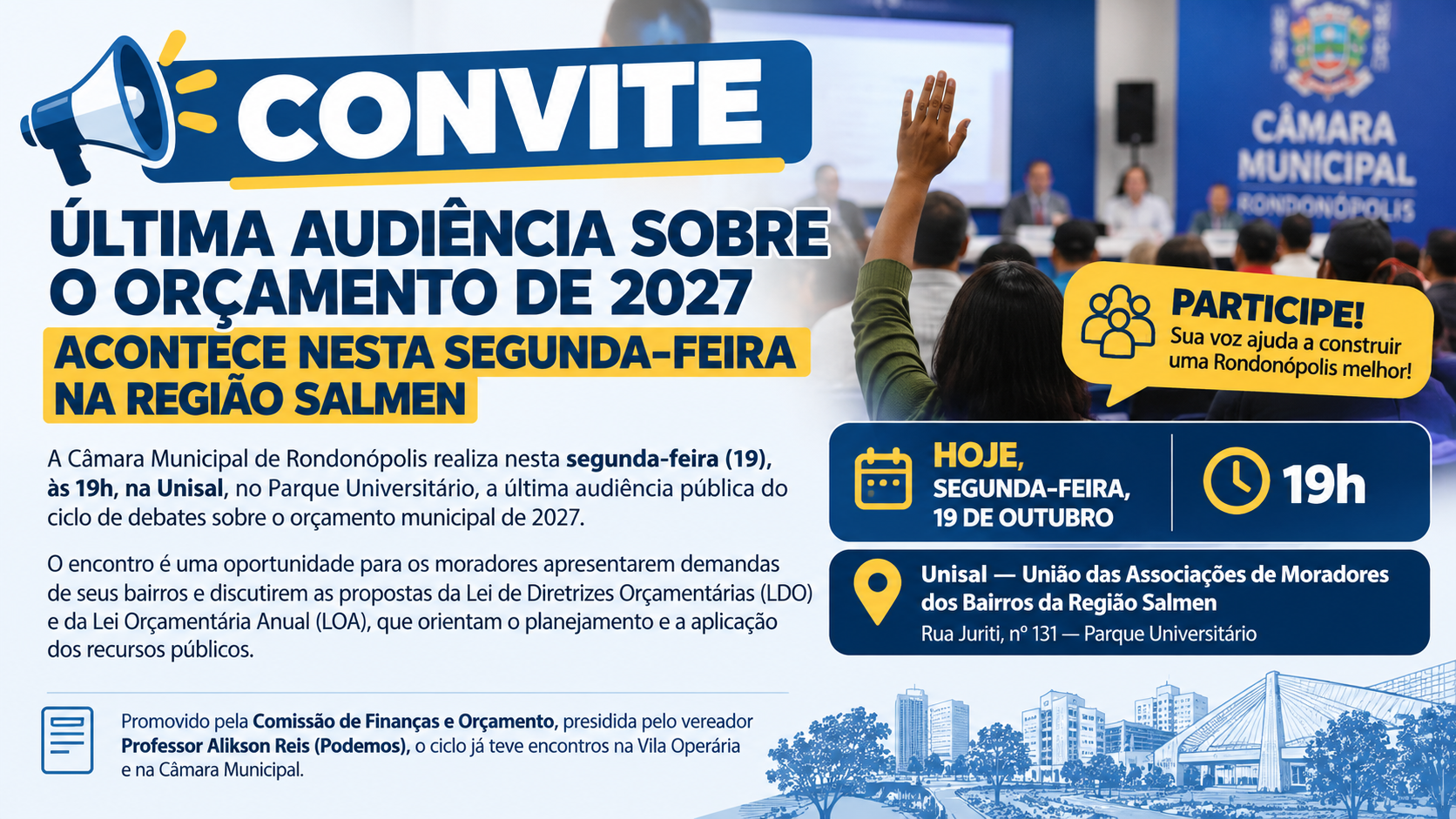 Rondonópolis realiza última audiência sobre orçamento de 2027 nesta segunda